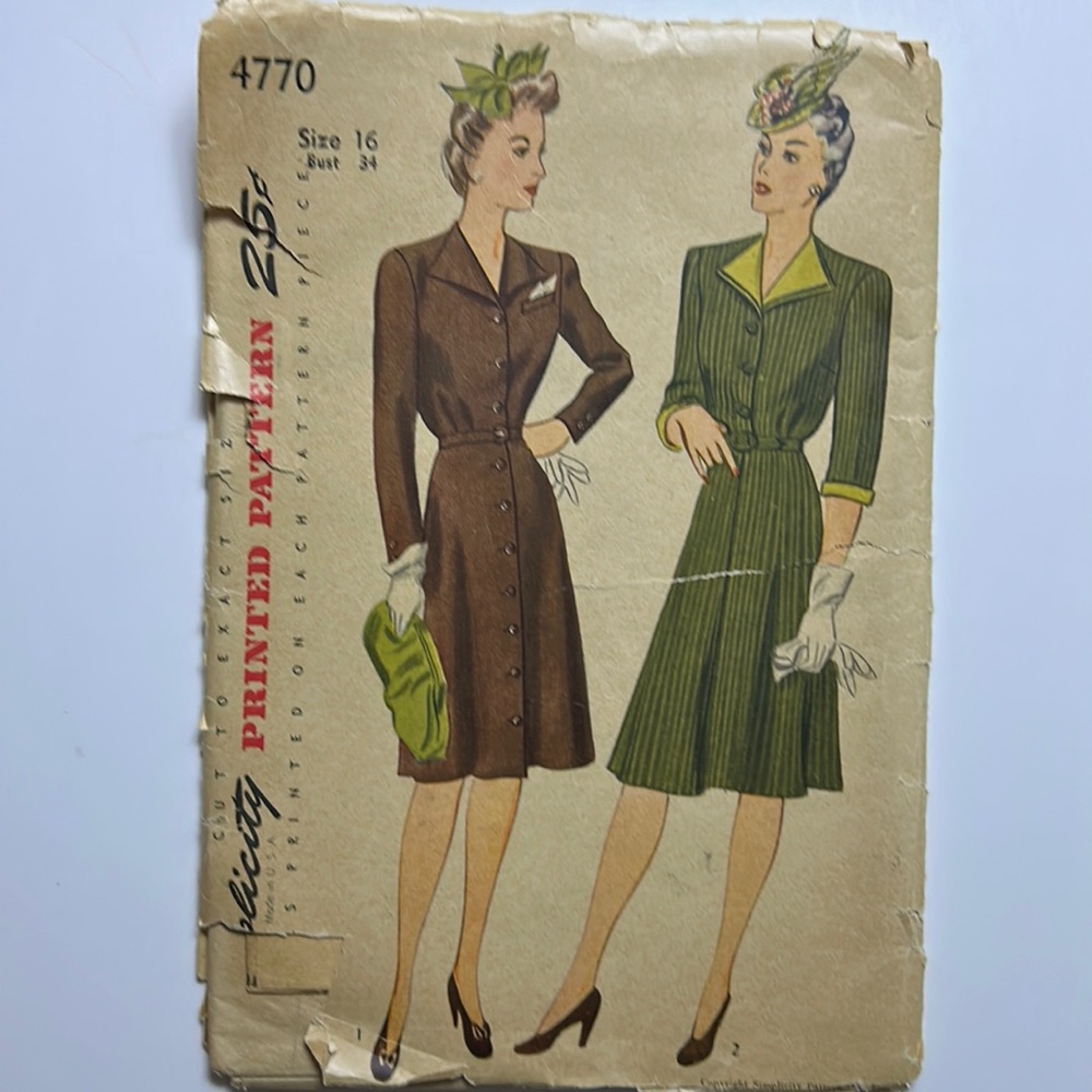 1940’s Era?? Simplicity Pattern Shirtwaist Dress Size 16 Original Packaging $18